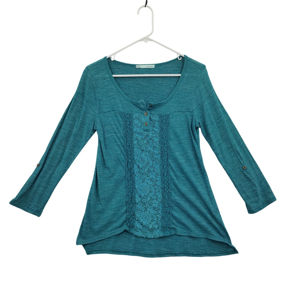 Maurices Women Peasant Romantic Cottagecore Lace Henley Top M Jewel Teal Burnout